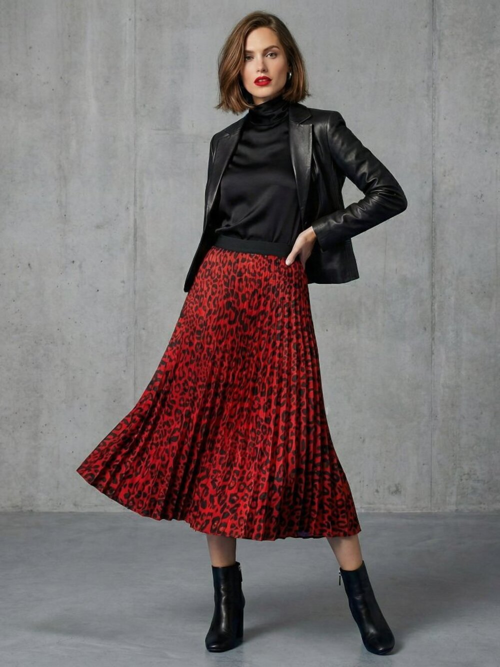 Worthington Midi Skirt M Red Black Leopard Y2K Bling Whimsigoth Pleated Cocktail